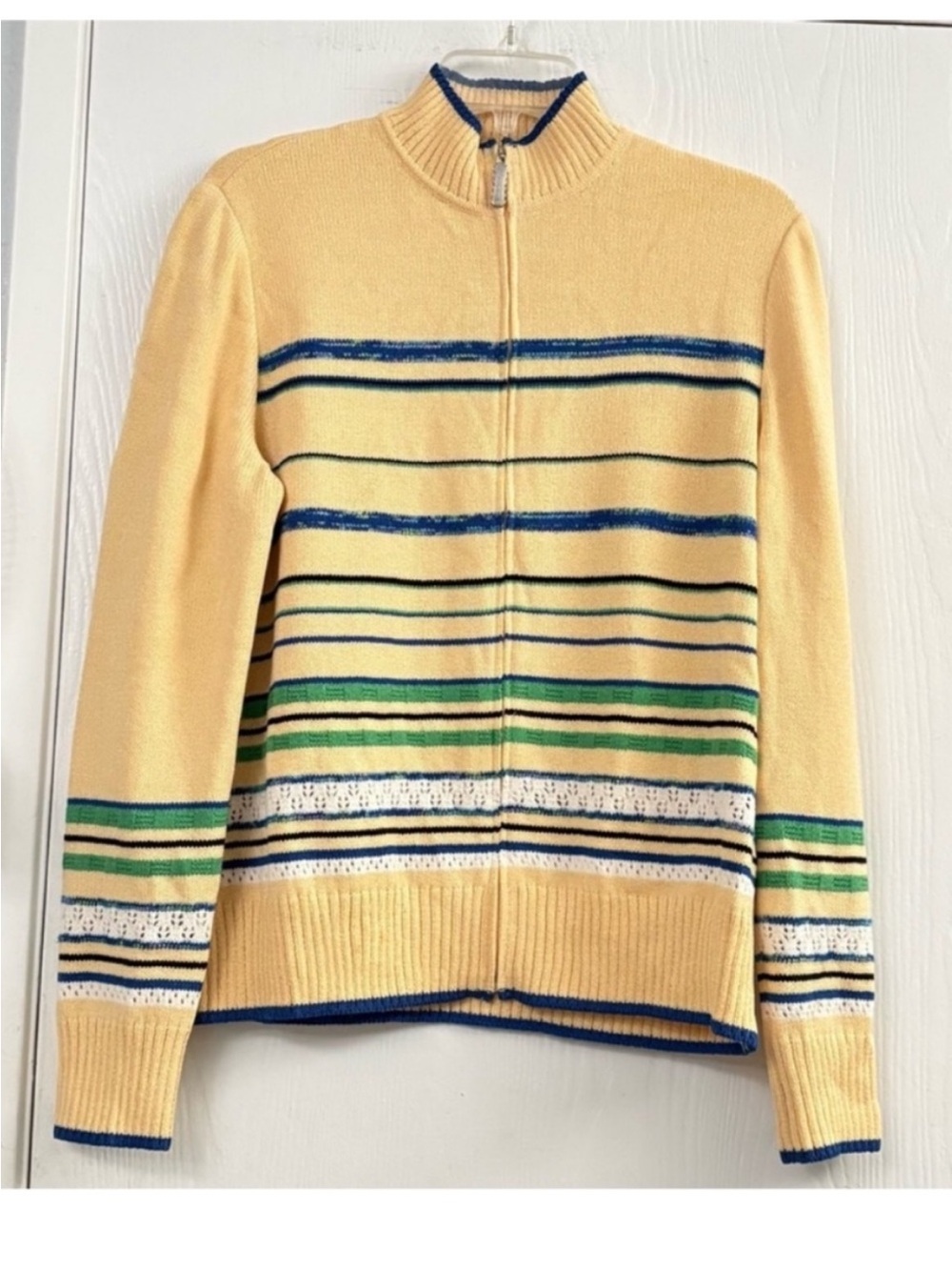 St John Sport Wool Blend Yellow Striped Zip-Up Sweater Jacket Size Medium